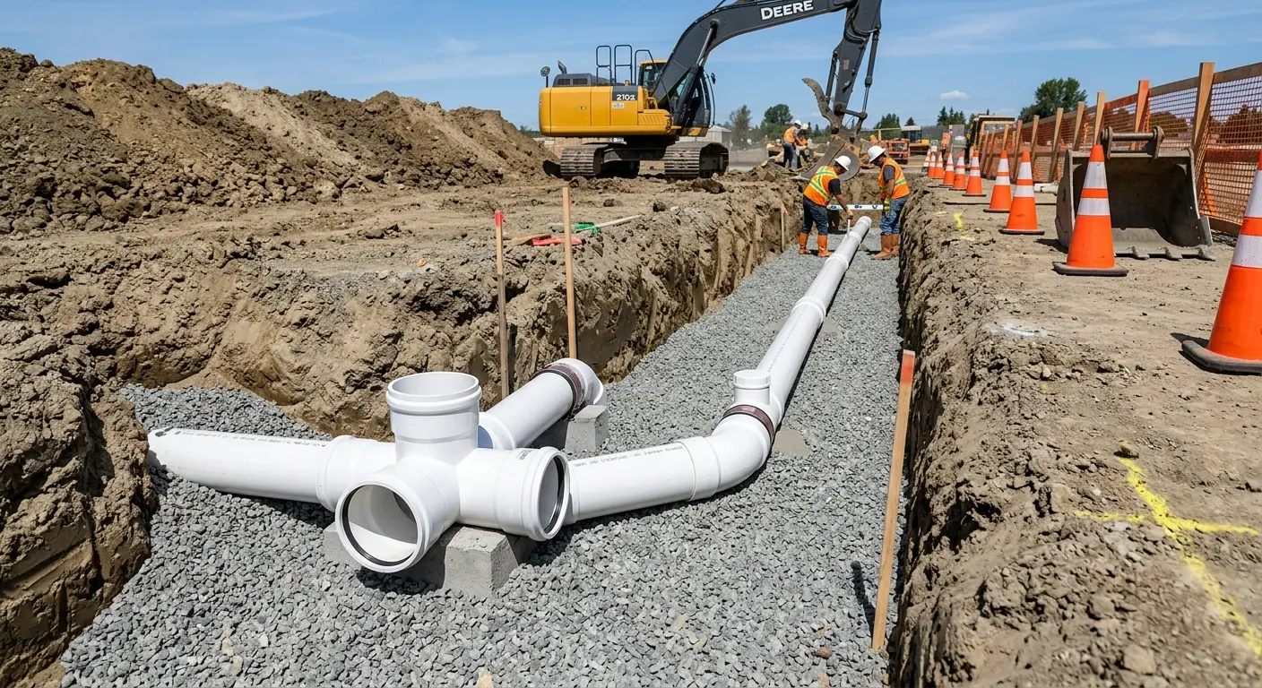 New PVC sewer pipe installation in open trench for Sewer Backup in Fort Scott