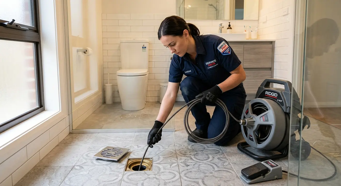 Technician clearing a bathroom floor drain for Clogged Drain Repair in Fort Scott